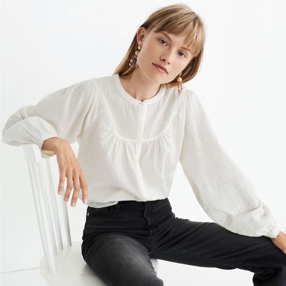 MADEWELL Balloon-Sleeve Peasant Top in Clipdot - Cream XS